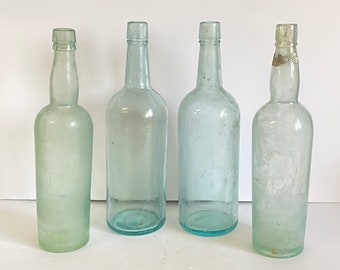 SET OF 4) Tall Antique, Aqua Tint. Slick Alcohol Bottles. 1910-1915. Beer, Prohibition