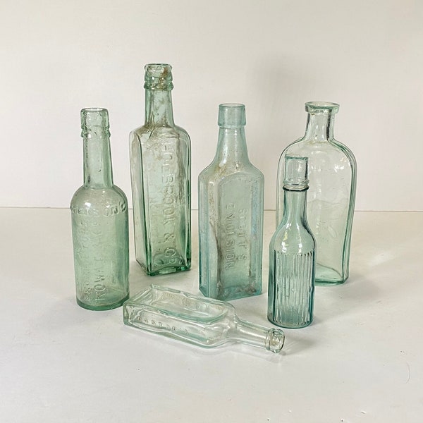 SET OF 6) Light Green-Aqua Vintage/Antique, Medicine Bottles, Early 1900’s Vintage Lot- Remedys,Cures, Liniments