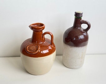 SET OF 2) Vintage Stoneware/Stoneware Coloured Painted Glass Jugs 1960s-1970s Pottery. Alcohols