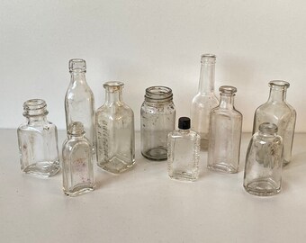 SET OF 10) Antique Medicine /Food Bottles, Assorted Jars Early 1900’s Vintage Lot- Remedys,Cures, Liniments