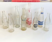 SET OF 8) Vintage ACL Embossed Style,- Mission, Giant Cola, Orange Crush, Coke, Pepsi Soda Pop Bottles. 1950s Applied Colour Label
