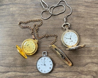 SET OF 3) Vintage Pocket Watches. Time Piece Watches. Retro Decor, Watch Face. Clock Making, Parts, Fob, Dial. Gold/Silver Color