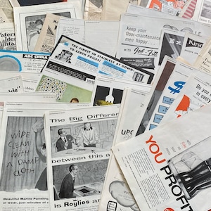 May include: A collection of vintage advertisements and newspaper clippings, featuring various products and services. The ads showcase retro graphics and text, with some featuring the text "New Angel Face" and "Wipe Clean With A Damp Cloth".