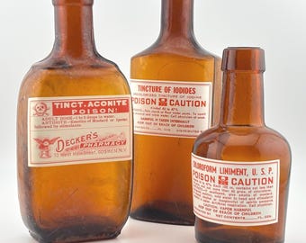 SET OF 3) Antique/Vintage POISON Bottles Lot. Amber Poisons, Apothecary, Pharmacy. Vintage NewOld Stock Labels. Witch Bottles. Potions