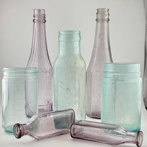 Set of 7 Antique Aqua & Amethyst Glass Bottles, Jars: Vintage Decor