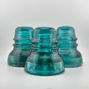 Antique Telegraph Insulators (Set of 3): Brookfield Hemingray Style, Dark Aqua Glass. Vintage Pole Conductors. Yard Decor, Window