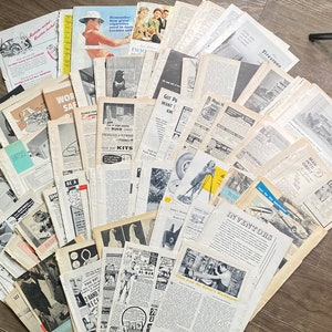 Pagine di riviste d'epoca anni '40-'60. Scienza/Automobilismo/Meccanica. Pubblicità, storie ecc. Lotto di antiquariato. Giornale/Artigianato. Ritagli, biglietti