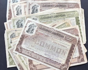 Certificados de acciones antiguos. Ferrocarril de Baltimore, Ohio, 1895-1905. Papel efímero/piezas para scrapbooking. Lote de revistas basura, cartas manuscritas.