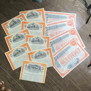 Certificados de acciones antiguos/vintage. Artículos efímeros/de scrapbooking de papel ferroviario. Lote de revistas basura, cartas/manuscritas.