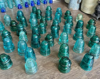 SETS OF 3) Antique Telegraph Insulators-Railway, Brookfield/Hemingray Style Etc. Dark Aqua. Glass Pole Conductors. Craft, Decor Lots