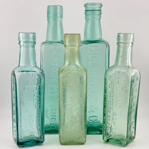 Antique Sauce Bottles Set: Aqua & Green Glass, Cork Top, 100+ Years Old
