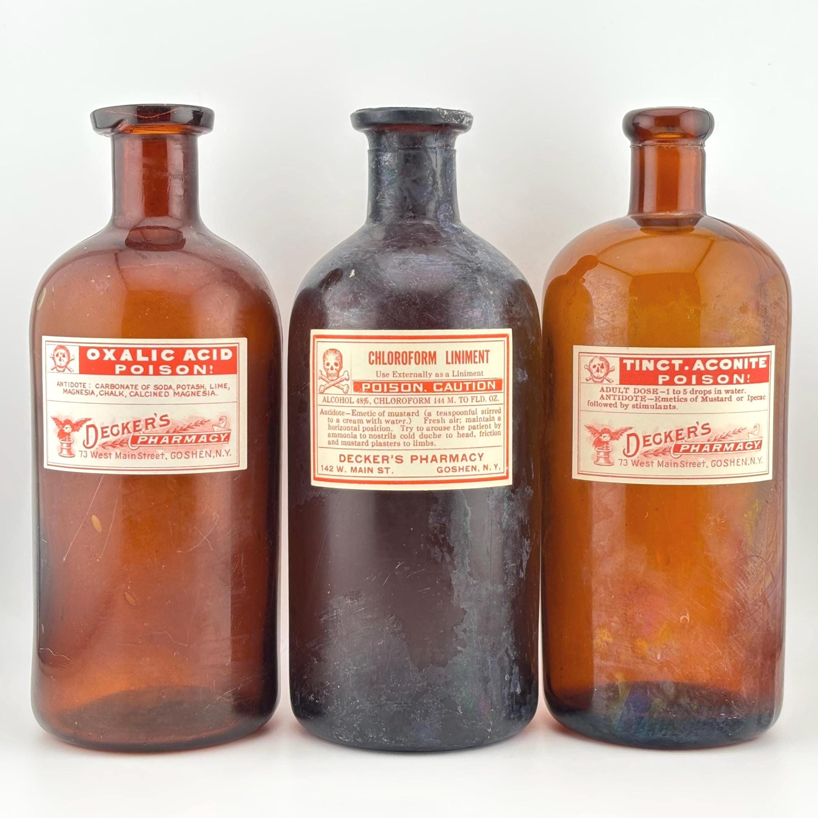 SET OF 3) Antique/Vintage POISON Bottles Lot. Amber Poisons, Apothecary, Pharmacy. Vintage NewOld Stock Labels. Witch Bottles. Potions