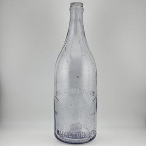 May include: A clear glass bottle with a narrow neck and rounded shoulders. Embossed text on the front reads Pilgrim Bros & Co, Trade Mark, and Hamilton, Ont. The glass surface features small air bubbles and a distinct embossed bird graphic.
