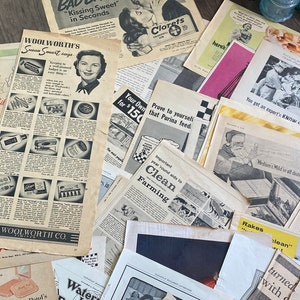 May include: A collection of vintage advertisements and newspaper clippings, featuring black and white images and text. The ads promote various products, including cosmetics, food, and household items. The overall theme is retro and nostalgic.