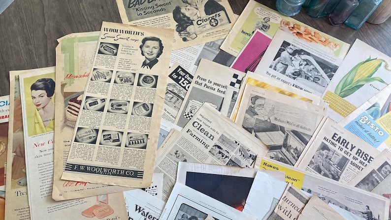 May include: A collection of vintage advertisements and newspaper clippings, featuring black and white images and text. The ads promote various products, including cosmetics, food, and household items. The overall theme is retro and nostalgic.