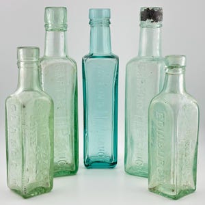 Antique Sauce Bottles Set: Aqua & Green Cork Top Jars, 100+ Years Old