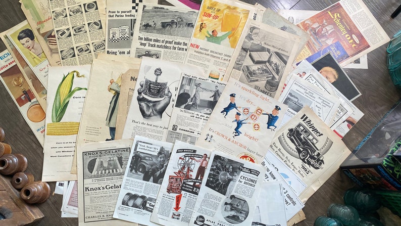 May include: A collection of vintage advertisements and ephemera, featuring colorful illustrations and text. The ads promote various products, including food, beverages, and household items. Some ads have text like "SUN-UP" and "Whippet".