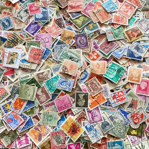 May include: A large collection of colorful postage stamps from around the world. The stamps feature a variety of designs, including animals, people, and landmarks.