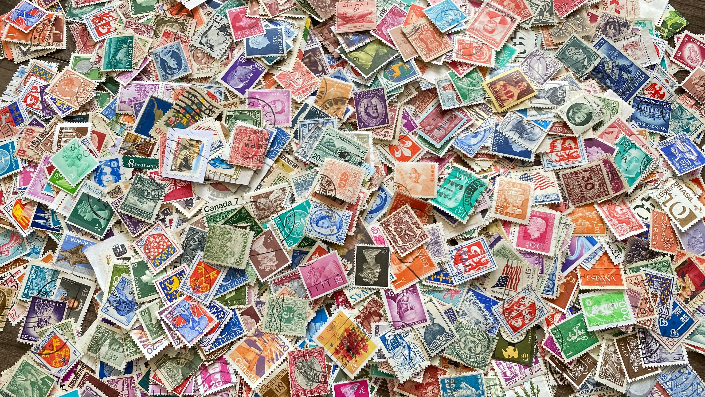 100 WORLDWIDE STAMPS) Canceled Stamps. Ephemera Lot- Scrapbooking, Philately, Junk Journaling. Collectable 1920s-2000s.