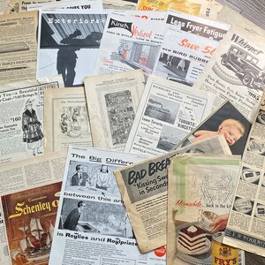 May include: A collection of vintage newspapers and advertisements, featuring various articles and illustrations. The papers are yellowed with age, showcasing text and images from different eras. Some ads include text like "Glamour Homes" and "Bad Breath".
