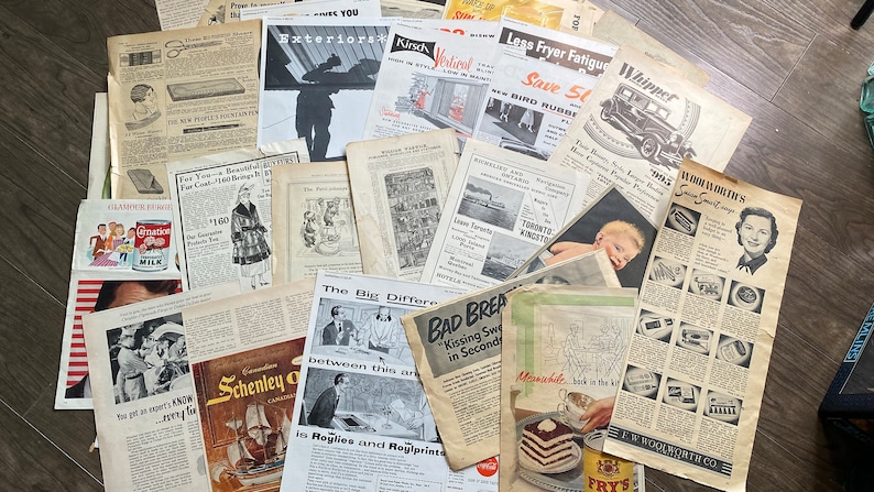 May include: A collection of vintage newspapers and advertisements, featuring various articles and illustrations. The papers are yellowed with age, showcasing text and images from different eras. Some ads include text like "Glamour Homes" and "Bad Breath".