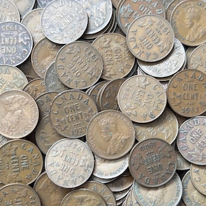 Antique Canadian One Cent Coins: 1920-1936 Copper Coins. -Starter Lots, Vintage Currency. Old Pennies. King George, Patina Treasure. Gifts