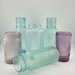 Antique Aqua & Purple Glass Jars. Flawed Vintage Decor, 100+ Years Old (Set of 6)