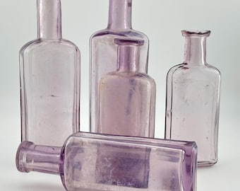 Vintage Amethyst Sun Colored Medicine Extract Decor, Antique Purple Glass Bottle Lot