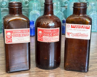 SET OF 3) Antique/Vintage POISON Bottles Lot. Amber Poisons, Apothecary, Pharmacy. Vintage NewOld Stock Labels. Witch Bottles. Potions