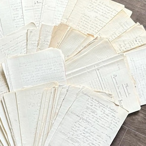 May include: A collection of aged, cream-coloured papers with handwritten script. The papers are arranged in a fan-like pattern, with some pages showing visible lines and numbers. The overall aesthetic suggests a vintage or antique theme.
