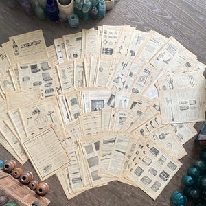 Páginas de catálogos antiguos. Anuncios (década de 1900). Artículos de limpieza, herramientas, comestibles, ferretería, etc. Lote de antigüedades. Diario/Manualidades, cartas antiguas, álbum de recortes.