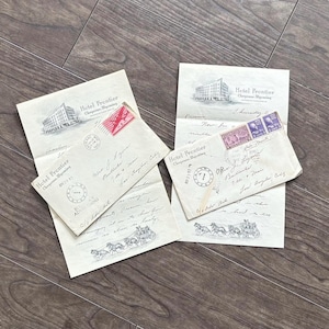 2 lettres, lettres et timbres d'hôtel vintage. Papier vintage estampé Ephemera/Scrapbooking, Journal, Artisanat. Signature manuscrite, Enveloppes