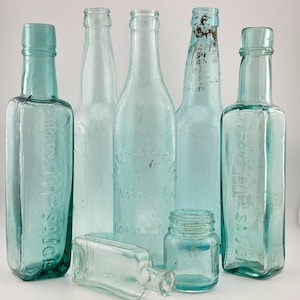 SET OF 7) Antique Bottles. Aqua. Vintage/Antique, Soda, Medicine, Polishes Early 1900’s Vintage Lot- Remedys,Cures, Liniments