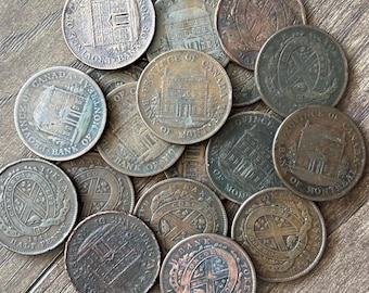 One Coin. 1840s Antique Canadian Half Penny: Bank of Montreal Vintage Coin. Historic Currency, Old Collectable. Copper Treasure. Relic