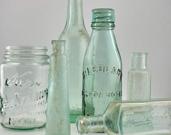 SET OF 6) Light Green-Aqua Vintage/Antique, Medicine Bottles, Early 1900’s Vintage Lot- Remedys,Cures, Liniments