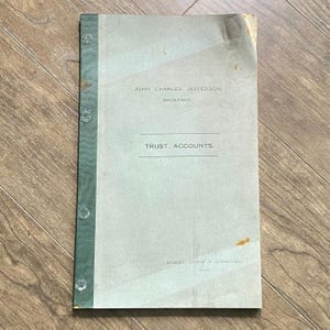 May include: A vintage document folder with a green fabric spine and a light gray cover. The text reads: JOHN CHARLES JEFFERSON, DECEASED, TRUST ACCOUNTS, GADSBY, COXON & COPESTAKE, Derby. The cover shows signs of age, including discoloration and wear.