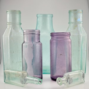 Antique Aqua & Amethyst Glass Jars: Vintage Decor, Set of 7