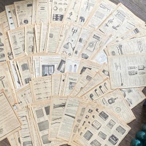以下が含まれることがあります： 古いカタログや広告のページなど、ヴィンテージの逸品のコレクション。ページは経年劣化で黄ばんでおり、さまざまな家庭用品、工具、家具のイラストが掲載されています。テキストは黒インクです。