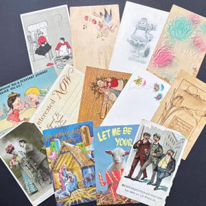 Vintage vykortslott, antik ephemera-förpackning, präglade julkort skräpjournal