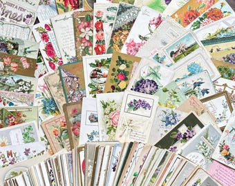 May include: A collection of vintage postcards with floral and botanical illustrations. The cards feature various flowers, including roses, violets, and hydrangeas, in a range of colors. Some cards have text, and the overall aesthetic is antique and romantic.