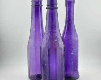 アンティークマンガンガラス瓶：サンパープル＆アクア、1915年以前の