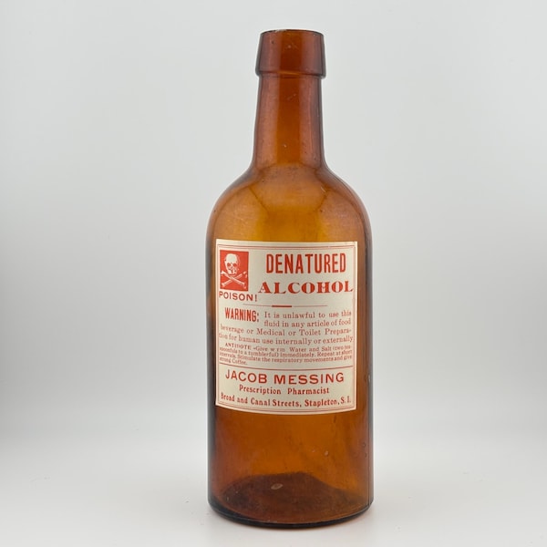 Antique Amber Poison Bottle, Vintage Apothecary Pharmacy Denatured Alcohol Jar
