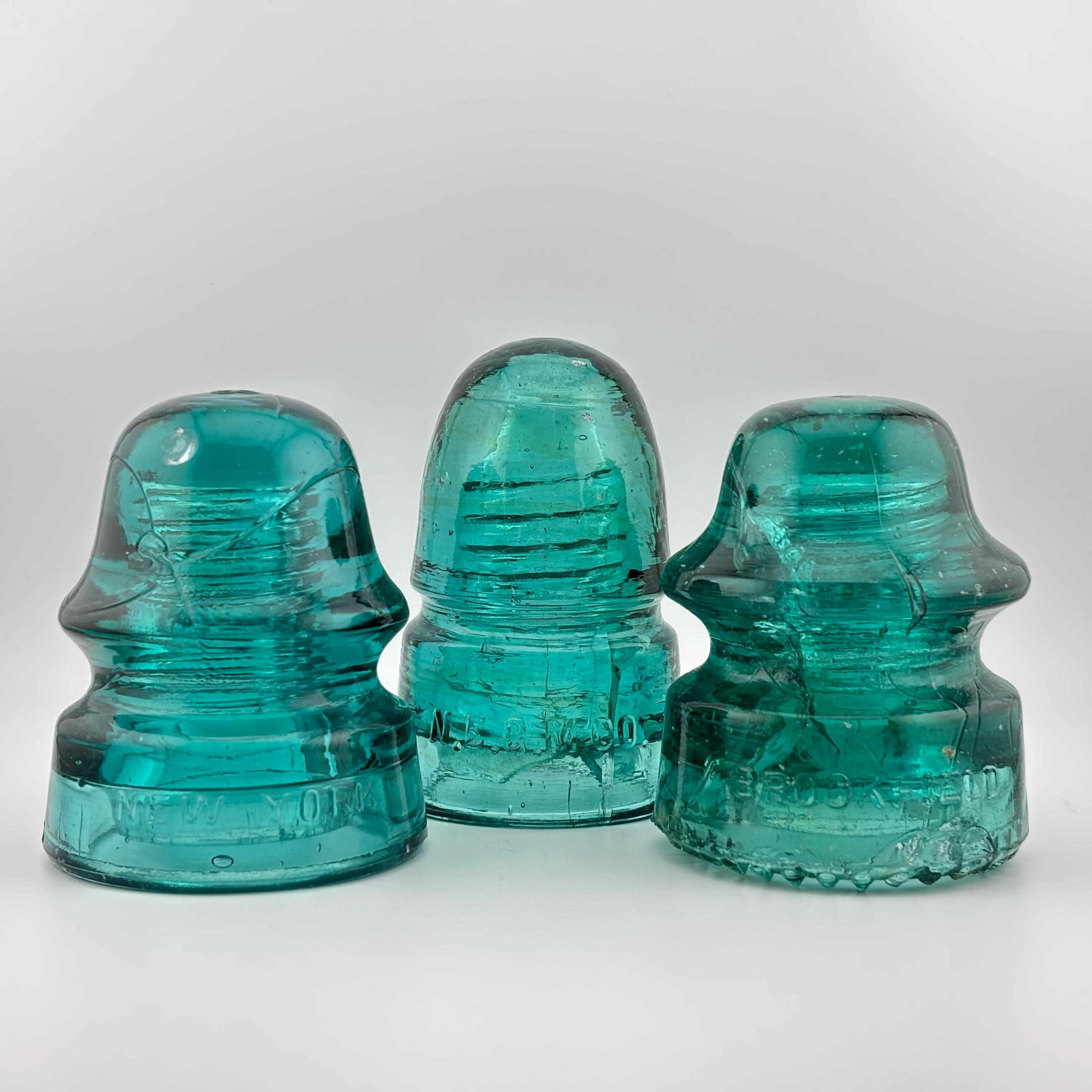 SET OF 3)  “Flawed” Antique Telegraph Insulators-Railway, Brookfield/Hemingray Style Dark Aqua. Glass Pole Conductors-Craft, Decor Lot Fence