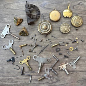 Antique Clock Repair Parts Lot - Winding Keys Pendulums Screws Steampunk Supplies