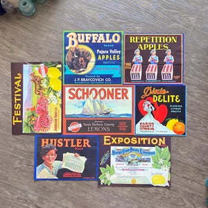 Etiquetas vintage para cajas. Decoración publicitaria para scrapbooking y manualidades. Paquete de efímeras: papel antiguo de las décadas de 1940 y 1960. Cartas y gráficos antiguos. Kit de escenografía.