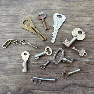 May include: A collection of eleven assorted metal keys of varying shapes, sizes, and finishes, including brass, silver-toned, and rusted iron keys. One key is attached to a metal chain, and one key features the embossed text Falcon Locks.