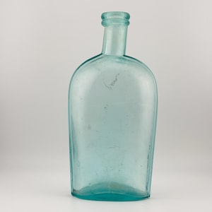 Antique Strap Sided Flask: 1870s Aqua Glass Alcohol Bottle