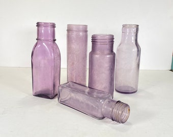 SET OF 5) Antique, Sun Coloured Amethyst, Purple Manganese Glass, Bottles/Jars. Pre 1915.