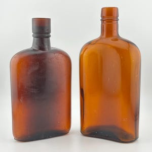 Antique Amber Glass Flasks - Set of 2 Vintage Bottles