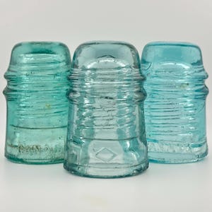 Antique Telegraph Insulator Set: Aqua Glass Railway Pole Decor. Bell Telephone. Vintage Sun Catchers. CD121. Conductors, Signals